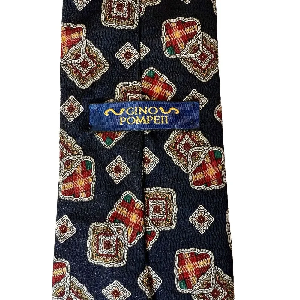 Gino Pompeii Tie 100% Silk From Italy NAVY BLUE TIE Plaid Textured Necktie